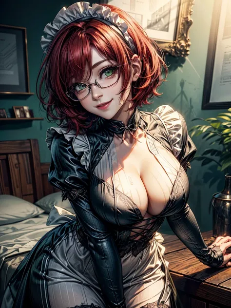 Short,  red hair ,  green eyes,  metal-framed glasses,  maid costume,  smiling girl. ( cleavage )