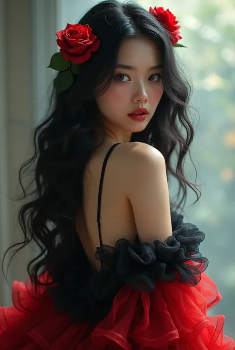 Create an image of a beautiful woman with a black skirt on the inside and with seven red ruffles on a tulle and she with big hair 
wavy with a rose in the hair