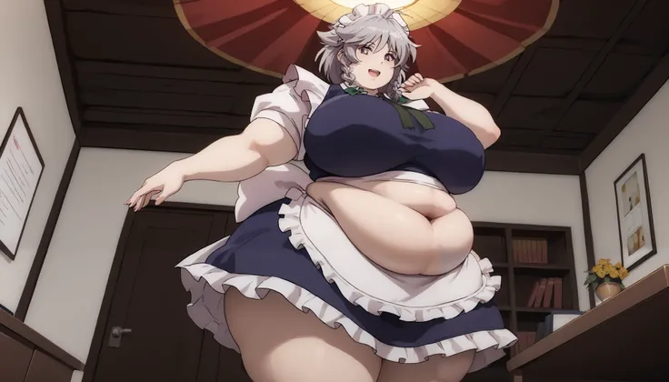 masterpiece、 best quality， very sophisticated、 pantyhose ，（from below ：1.25），Sakuya izayoi，East，alone，Maid head dress、Maid，apron，Short sleeve， dress, Gray Hair, chubby, obese, gigantic arms and legs, large breasts open mouth, elegant sexy pose to the viewe...