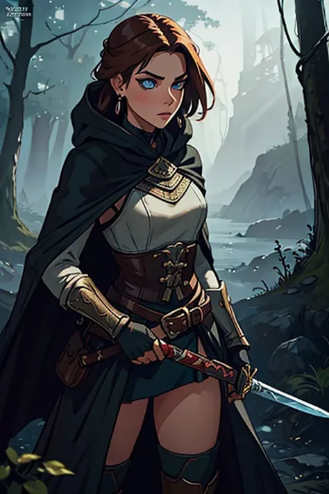  Stunningly beautiful and ferocious woman standing in dimly lit,  mysterious forest .  She radiates a rebellious aura , with her long,  flowing hair and eyes ,  sparkling with challenge .  dressed In a mix of rough leather and elegant fabrics ,  she seems ...