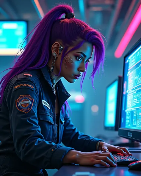 cyberpunk, cyberpunk detective, black woman,  in cyberpunk police station, cyberpunk detective uniform, typing on computer,  purple hair,  cyberware on face, 