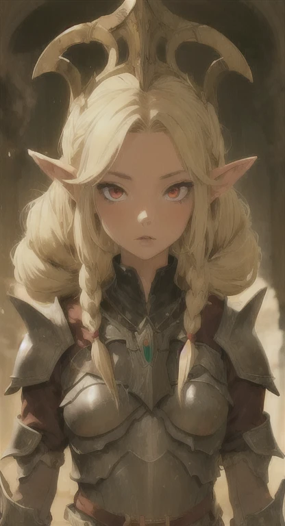 Ancient Hylian, Yggdrasil Knight, blind Hylia, blonde, red eyes, blank red pupils, Devine braids, looking at viewer, long messy hair, ancient Hyrule, ancient armor, Palace,