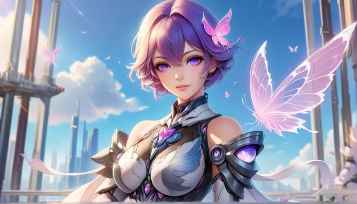 a close up of a woman with a butterfly on her shoulder, 2. 5 d cgi anime fantasy artwork, anime fantasy artwork, anime fantasy illustration, detailed digital anime art, hyperdetailed fantasy character, beautiful cyborg angel girl, angel knight girl, cushar...