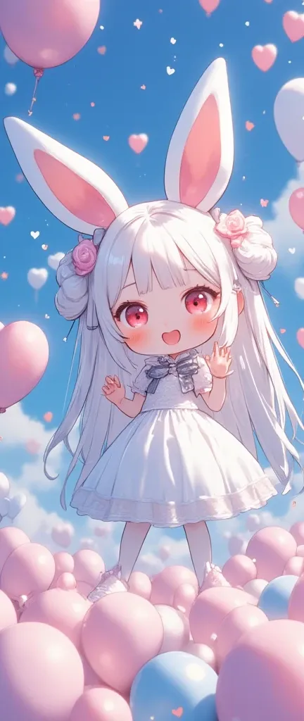 Cute pop balloons shaped "THANK 4000" for sure. Pop and vivid and comical and colorful and cute art. Everything floating under zero-gravity weightlessness. gorgeous and colorful heart marks and star marks. rabbit girl(chibi,cute,kawaii,red eyes,white rabbi...