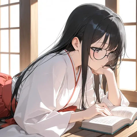 masterpiece:1.2,best quality, ultra detailed,
anime,1 uncouth woman wearing thick-rimmed black-rimmed glasses has long black hair,shrine maiden clothes, reading a book,the morning sun