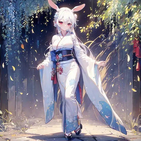 Hand Repair,Foot repair,masterpiece,8k,(((( 1 girl)))), beautiful girl,City Background,((((full body shot,very wide shot,Rabbit Ears,Im hiding my ears with my hair)))),(((Perfect white hair, long hair))), (((((Highlight Eyes, rainbow heterochromia, Golden ...