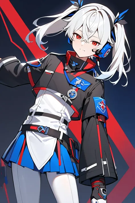 A teenage boy wearing two large black bows tied on each side of his white hair which he has tied in two short side tails. He also has a headset with a red microphone on the right side. He dresses a cropped black jacket with bell sleeves and blue accents, w...