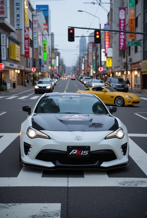 Remodeled Toyota ８６Levin, white and black two-tone 、Japanese Signs、the way、 Japanese license plates、 crossing with traffic lights at Osaka Nanko、Drift、Speed、