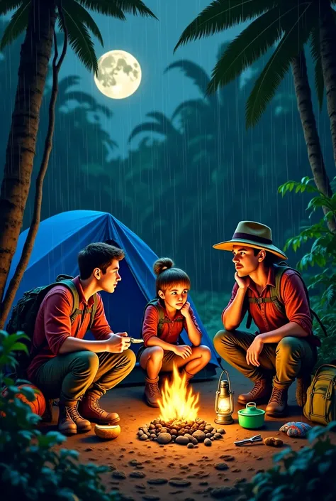 The image depicts a scene with a group of campers in a jungle setting. Below is a detailed description of the image:

1. Setting:

The scene is set in a dense jungle during the night.

It is raining heavily, with raindrops visible in the air.

A full moon ...