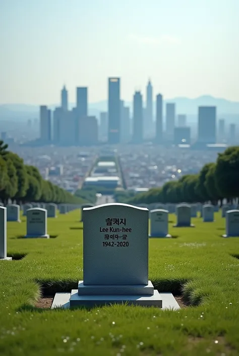 A serene cemetery with a lone gravestone marked "Lee Kun-hee (1942–2020)." A voiceover reflects on life, death, and the limits of power, wealth, and ambition. The camera pans to a vast skyline filled with Samsung billboards and bustling life, symbolizing h...