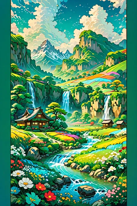 front view, a lonely cabin in the grassland, waterwall, snow cladded giant mountains in background, river stream flowing, dreamy landscape, green grasslands, trees, colorful flowers, stones, cloudy blue sky, lofi, vibrant tones, no one,  like a movie scene...