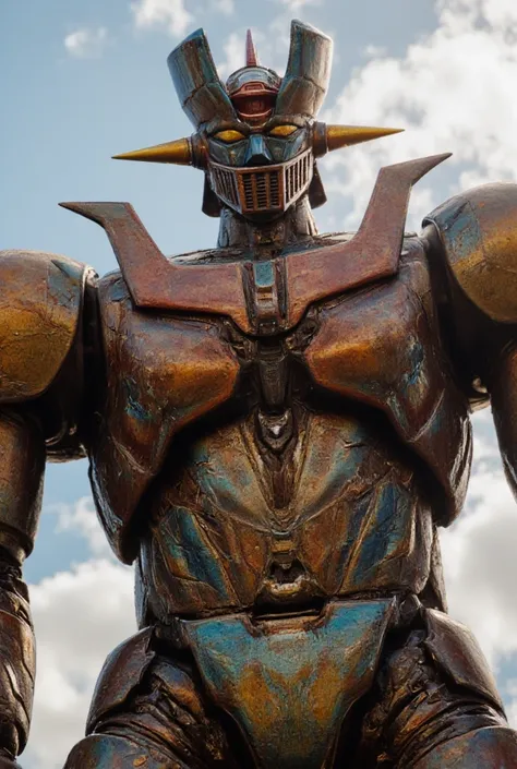 A highly realistic version of Mazinger Z, holding his human operator on his giant hand palm. The robot is constructed with modern materials like steel, carbon fiber, and other industrial elements, giving it a lifelike, rugged appearance. Its surface is det...