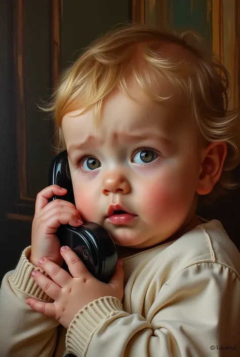 
Close-up of a baby talking on a phone, painted in the style of a classic oil painting, rich textures, soft brushstrokes, vibrant but harmonious colors, dramatic lighting, baroque-inspired background, serene yet curious expression, highly artistic feel.