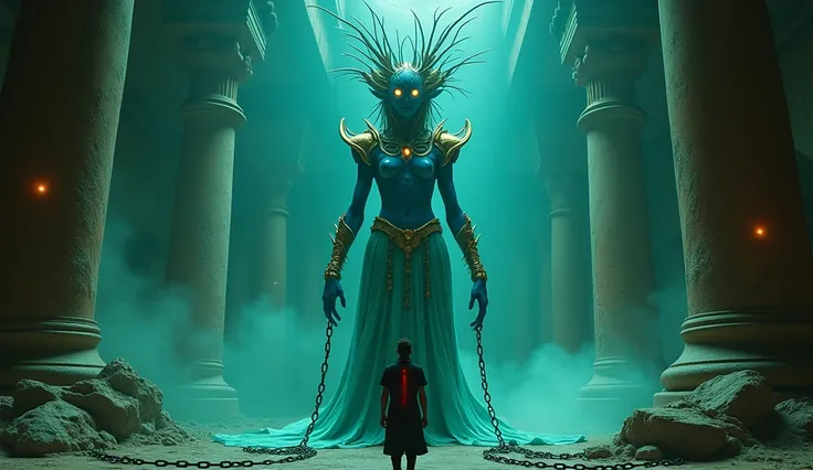 "Create a surreal and cinematic scene in a vast, dimly lit alien chamber. A towering, brilliant blue-skinned alien with glowing eyes and golden armor knees bound in large chains, exudes a sense of power and vulnerability. Her elaborate headdress and flowin...