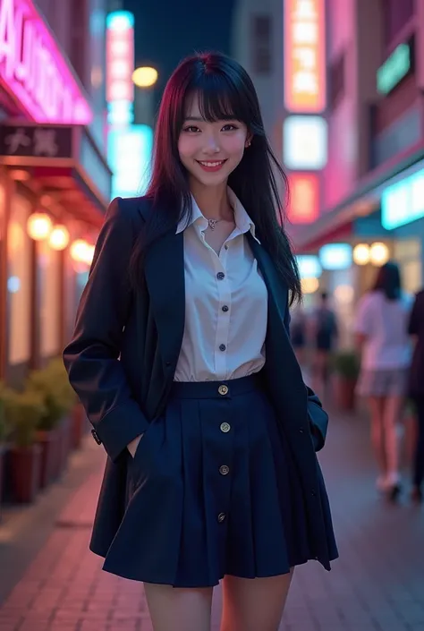 Beautiful Japanese young woman, smiling, wearing school girl outfit, outside Tokyo club at night, full body shot 