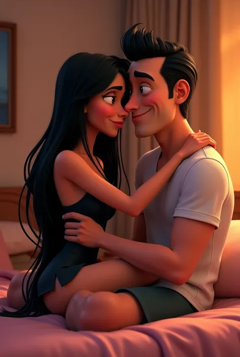 - Disney-Pixar movie poster. Woman with long
black hair Wearing a black mini dress and a man with
Mullet hair and slicked-down eyebrows. A woman sits
on a mans hug in the bedroom.Include
title " You and Me " in a 3D Disney-Pixar style.