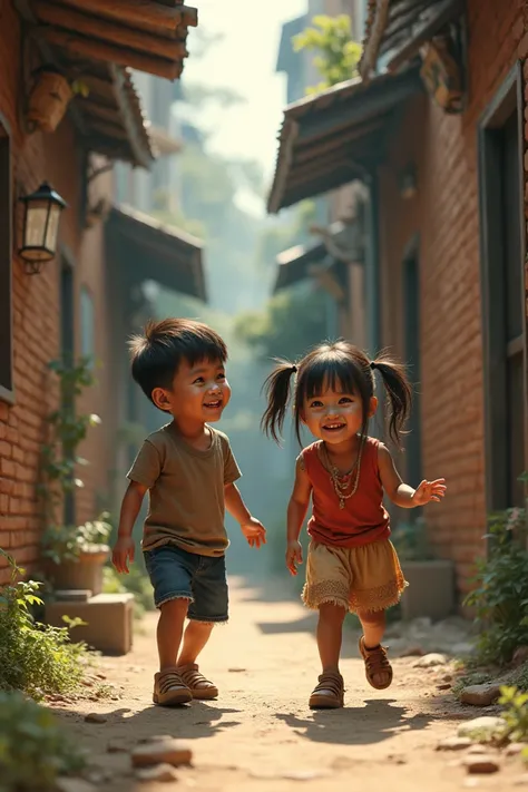 Create an image of realistic two ren playing in a peripheral alleyway, a white boy and a girl with indigenous features.  masterpiece, 4k, high quality