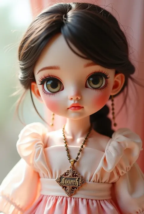 Beautiful doll with pendant having name Nooreh written clear and bold beautifully on it
