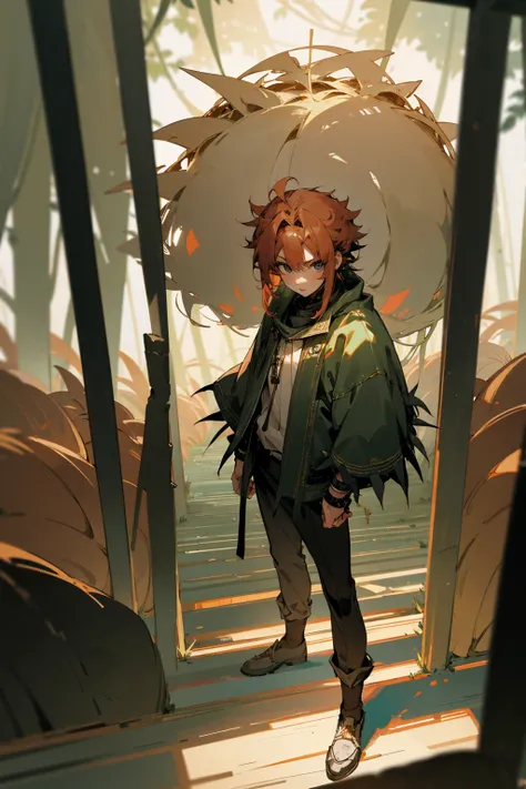 standing, facing me, temple forest background, strong, standing, , sage clothing, in station, detailed, facing viewer, facing down camera angle, detailed eyes, , random hairstyle, male, blank face, tall, short spiky colored hair, full body, black eyes, 