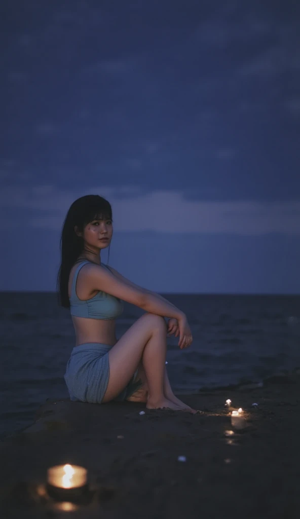  slender figure、 beautiful skin、whole body、 top quality 、 look at camera,fron view,Kneeling on beach at night,nude,naked,night beach,slender,NFSW,high quality,big breasts,4K