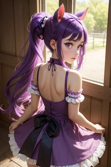 Make a confused horse girl. Horse with dark purple hair and horse ears. With a bright pink ponytail. The girl is wearing a cute dress with a ballet tutu. The girl is tied up like a horse in the stable, leaning forward. We see the girl from behind.