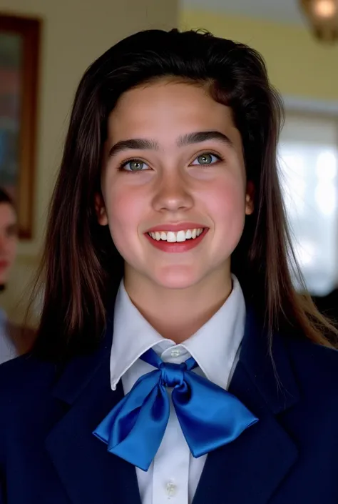 (very realistic photography),(masterpiece, best quality:1.3), 1girl, (alone),
((young Jennifer Connelly)),(at age 15),
from the top of her head to her waist,
she wear in tidy dark blue high school blazer uniform and immaculate shirt with blilliant blue bow...