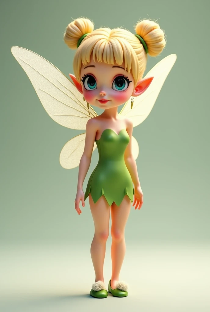 Small, slender, pear-shaped, hand-sized and fair-skinned fairy with beautiful hips, a tiny waist and a round butt. She has round blue eyes, shoulder-length blonde hair worn in a bun with her bangs out, full pink lips, dirty-blonde eyebrows, and pointy ears...