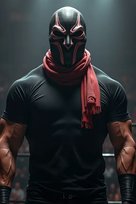 Wrestler wearing black t-shirt and cane mask with scarf