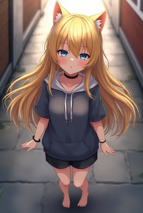 (detailed eyes:1.3), Beautiful Lighting,  (1girl:blue  eyes, blonde hair, absurdly long hair, hair intakes, (hair between eyes:1.1)),  photo realistic,
(outdoors, alley:1.3), (hoodie:1.3), black choker, short sleeves, dynamic angle, (bottomless:1.2),
 anth...