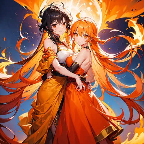 soo,personification of summer,orange colored skin1.8,Wearing desert folk costumes with exposed shoulders1.3, female, height 1.1, crazy eyes, holding the strongest fire magic in a sandstorm,1.3 smiling with finger on mouth、mature woman1.6