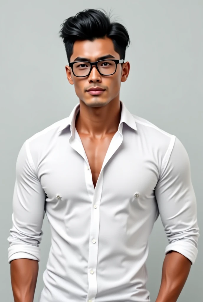 1man,muscular men,(black comma hair,comma hair style),Thai,Asian handsome man,handsome,27 years old,white shirt open,wearing glasses,confidence pose