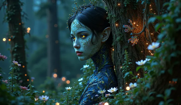 foreground:1.5, (tangled, Fractal, grid), (surreal Fractal art:1.3), ( Mechanical bioluminescent elf princess beautiful elf dress looking out from behind a tree:1.8), Look carefully and somewhat anxiously at the camera, ( Very detailed , 8k, beautiful epic...