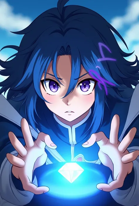 Anime stylo Boku no hero academy  boy 
Boy with medium long blue hair with a purple lock, eyes are dark purple who is wearing his training uniform 
His eyes are completely blue with a serious look, while behind him a blue diamond platform appears, while bl...