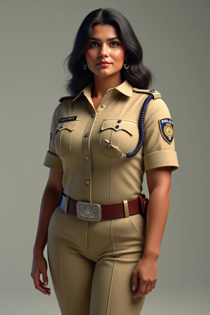 Indian woman in Indian police uniform, tight fitting, she has a chubby body with big breasts