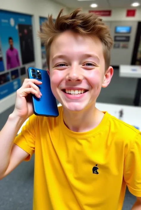 Here’s a prompt you can use for generating an image based on the provided one:
"Create a vibrant selfie of a young male with short hair, wearing a bright yellow shirt, holding a blue phone. The background shows a tech store with display tables. Include a p...