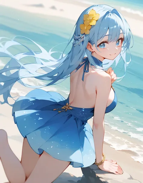 Score_9,Score_8_up,Score_7_up,highest quality, source_anime, highest quality, BREAK 1 girl, cute, 28 years old, curvy, (long hair:1.2), (light blue hair, bangs, light blue eyes, large breasts), oval eyes, smile, long legs, light yellow flower ornament, cob...