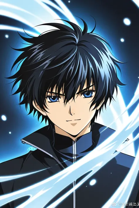 A boy that is tall with Black hair and light cold blue eyes, hes handsome but bad tempered wearing black clothes. CLAMP Tsubasa Chronicles drawing style. 