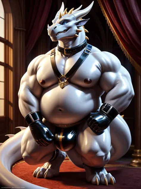 Naked, Solo, Male, fat, extremely obese, gentleman, dapper Dragon with nipples, blue eyes, (soft shading), 4k, hi res, ((detailed face, detailed)), looking at viewer, evil grin, jockstrap, glossy jockstrap, Naked Dragon is wearing a glossy leather dog coll...