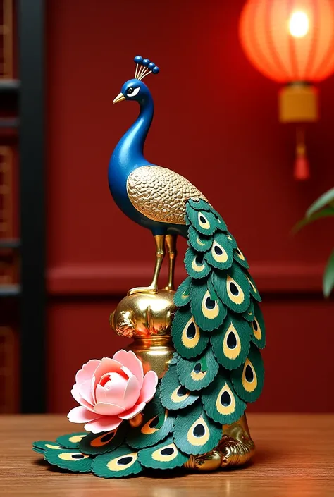 Real photography pictures, a gorgeous peacock craft ornament is placed on a wooden table, the overall shape is exquisite and full of artistic sense. The peacocks feathers are colorful with "eye spots" pattern, the center is dark blue, the outer edge is eme...