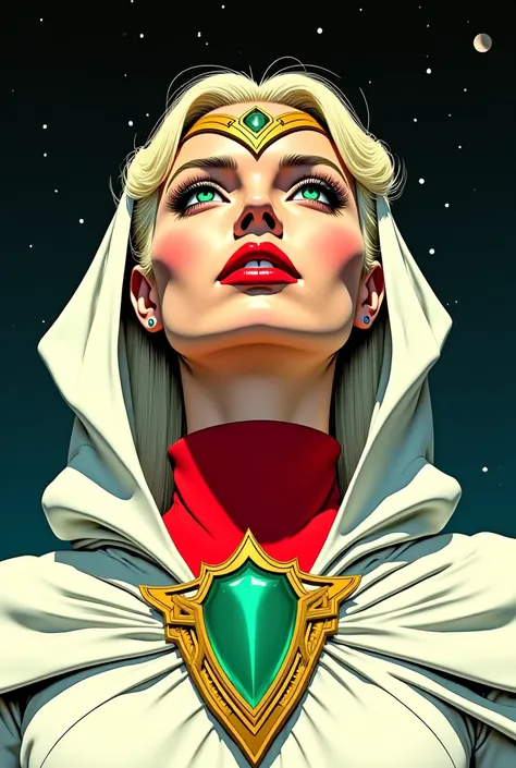 An illustration of dramatic low-angle perspective of a powerful and serene woman with a futuristic appearance. She wears a flowing white cloak and a vibrant red collar, symbolizing authority and grace. Her platinum-blonde hair frames her face, and her stri...