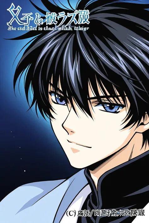 A boy that is tall with Black hair and light cold light blue eyes, hes handsome but bad tempered wearing black clothes. CLAMP Tsubasa Chronicles drawing style. Manga cover.