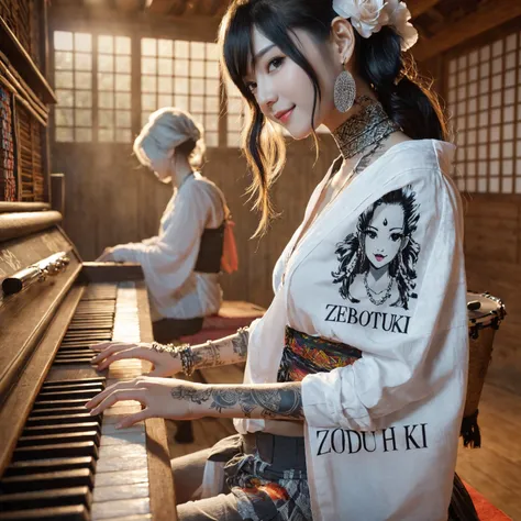 1girl, solo, black hair, ponytail, smile, lips, long hair, tank top, closed mouth, upper body, shirt, looking at viewer, bare shoulders, collarbone, black eyes, white shirt, head tilt, from side, looking at viewer,background lake, playing drum