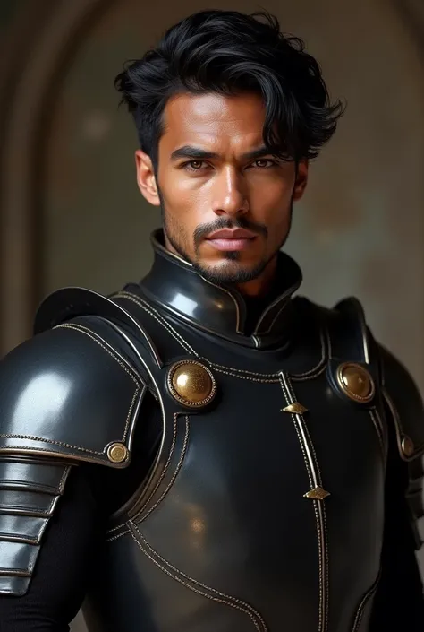  Create a man in his early 20s with caramel-colored skin and black hair.  He is well-trained and wears tight-fitting black armor ,  that accentuates his muscular upper body ,  which, however, is not overmuscular . His eyes have an intense color 