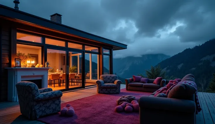 A house with two facades and a glass roof, perched atop a high mountain. It’s a dark, overcast night with thick clouds in the sky, almost as if it’s about to rain. The image moves closer and further away. We see the house diagonally from the outside, with ...