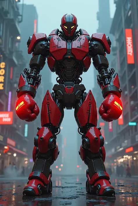 Robot boxer gray color red gloves and red boxing pants cyberpunk style.  anime-style image