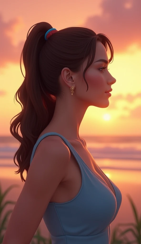 A woman of 36 with dark brown hair in a ponytail, wearing a light blue dress, standing in front of a colorful sunset sky.