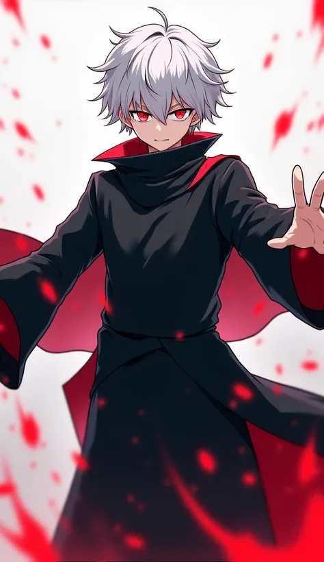 anime, white-haired male, black robe, has red eyes, with a pose of stretching his arms and being badass, make the character younger