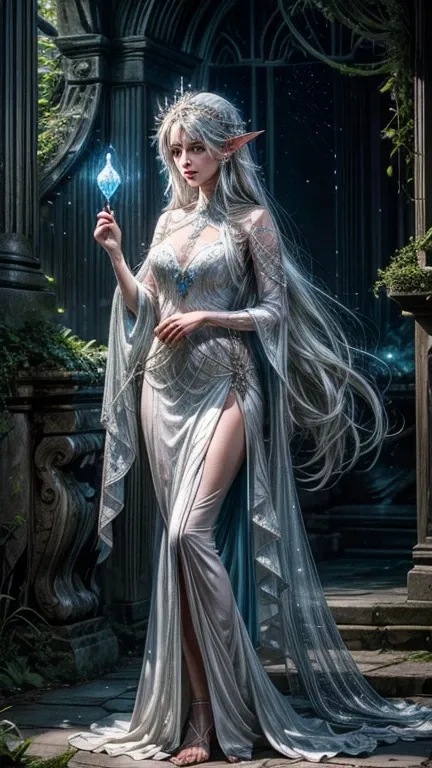 Highly detailed, cinematic, realistic. A breathtaking Moon Elf cleric with radiant silver-toned skin, expressive glowing blue eyes, and long, flowing white hair that reflects the soft moonlight. She wears an intricately designed gown, appearing crafted fro...