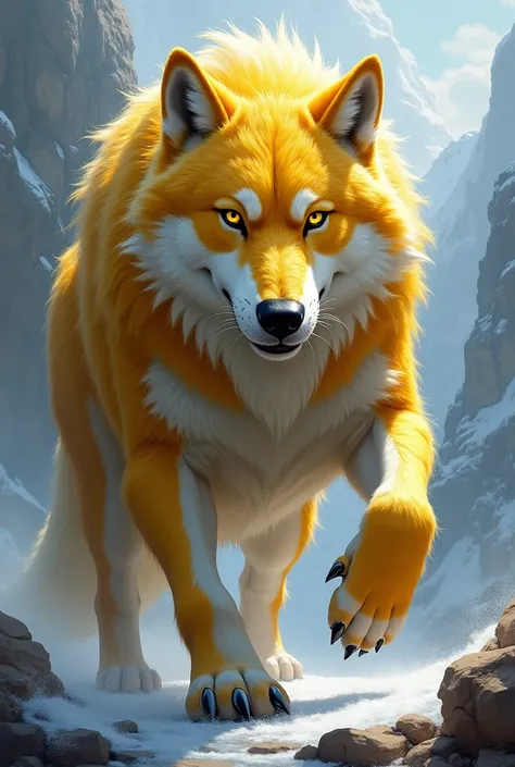 a dire wolf, yellow and white color, yelleow eyes
