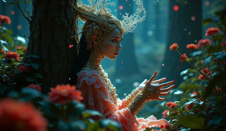 foreground:1.5, (tangled, Fractal, grid), (surreal Fractal art:1.3), ( Mechanical bioluminescent elf princess beautiful elf dress looking out from behind a tree:1.8), Look carefully and somewhat anxiously at the camera, ( Very detailed , 8k, beautiful epic...